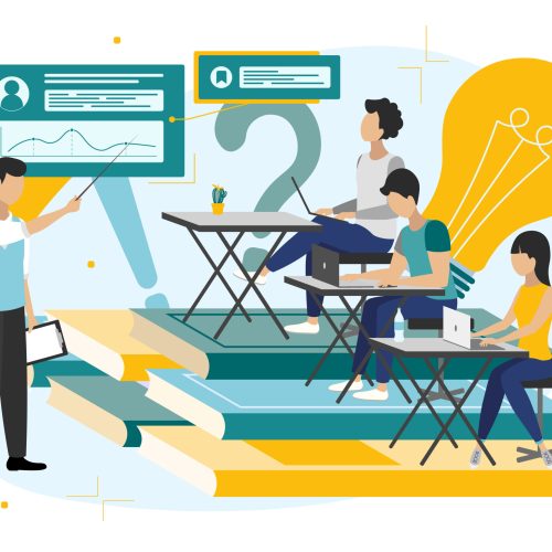 Teacher upskilling as male skill qualification progress and development tiny person concept. Employee training and coach for positive progress and smart labor. Vector flat design.